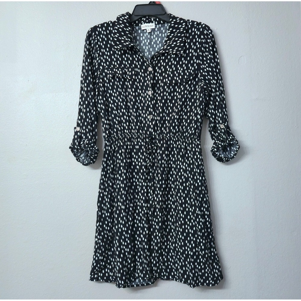 Luxology Womens Black White Polka Dot Ikat Shirt Dress 3/4 Roll Tab Sleeve M